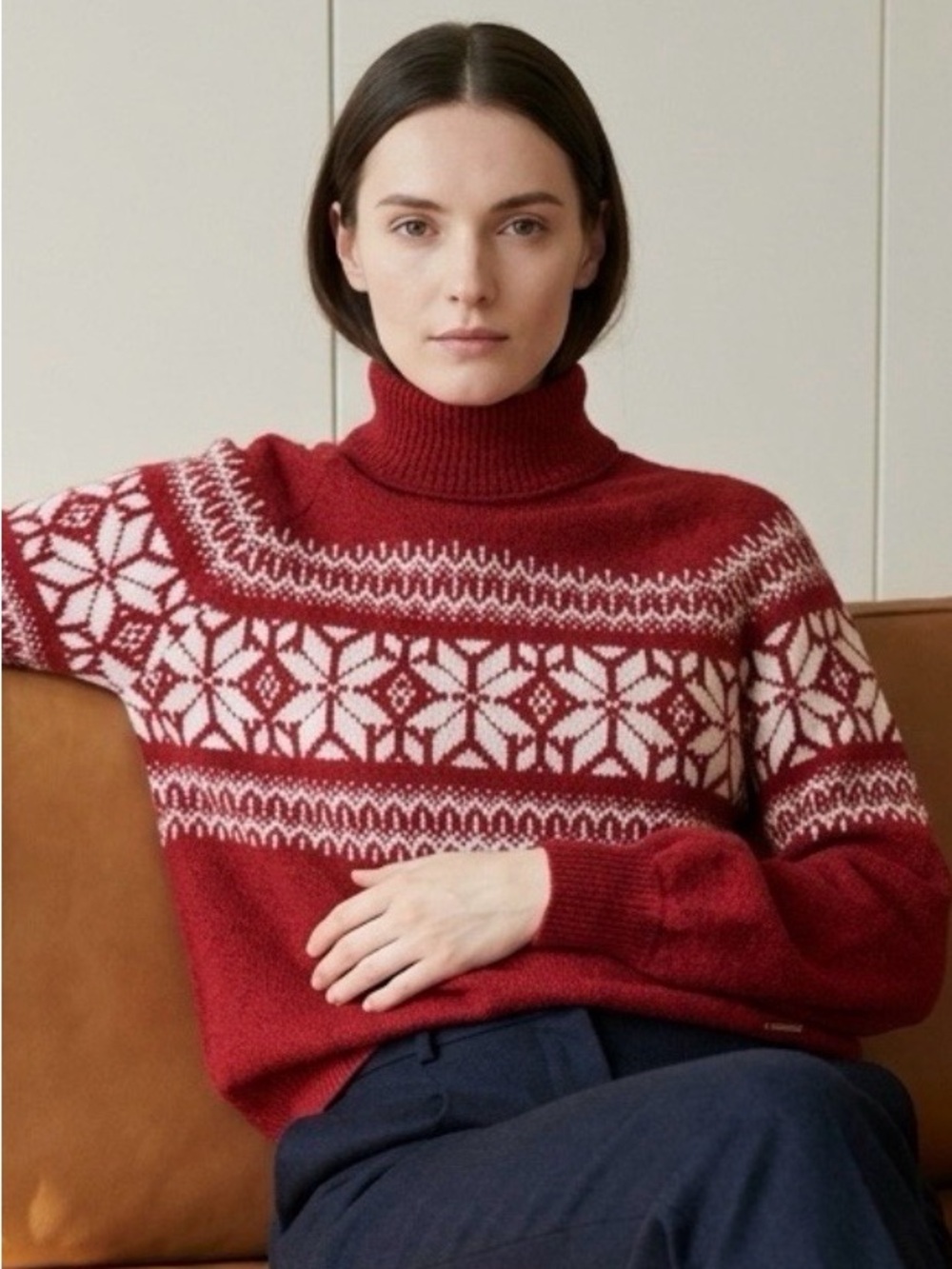 Abercrombie & Fitch Red and White Long Sleeve Fair Isle Turtleneck Sweater S